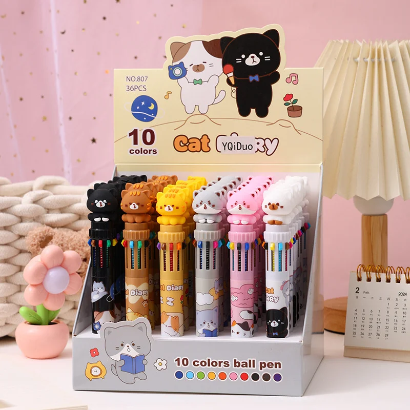 

36 pcs/lot Creative Cat 10 colors Ballpoint Pen Cute Press Ball Pens School Office writing Supplies Stationery Gift