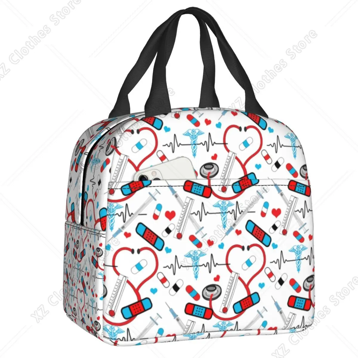 

Custom Cute Nurse Doctor EKG Pattern Lunch Bag Women Cooler Thermal Insulated Lunch Boxes for Children School