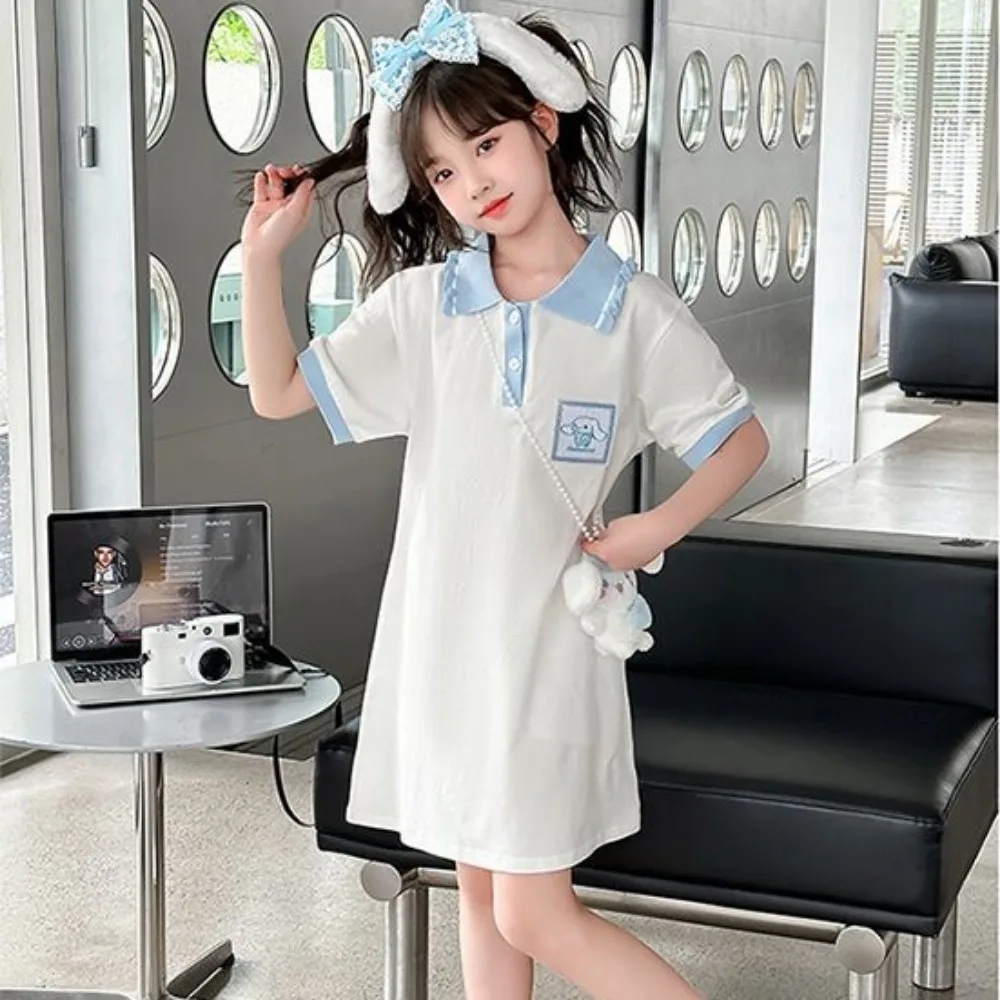 Kawaii Cinnamoroll Kid Dress Sanrio Anime Summer Short Sleeve 2024 New Girl Dress Fashion Cute Clothes