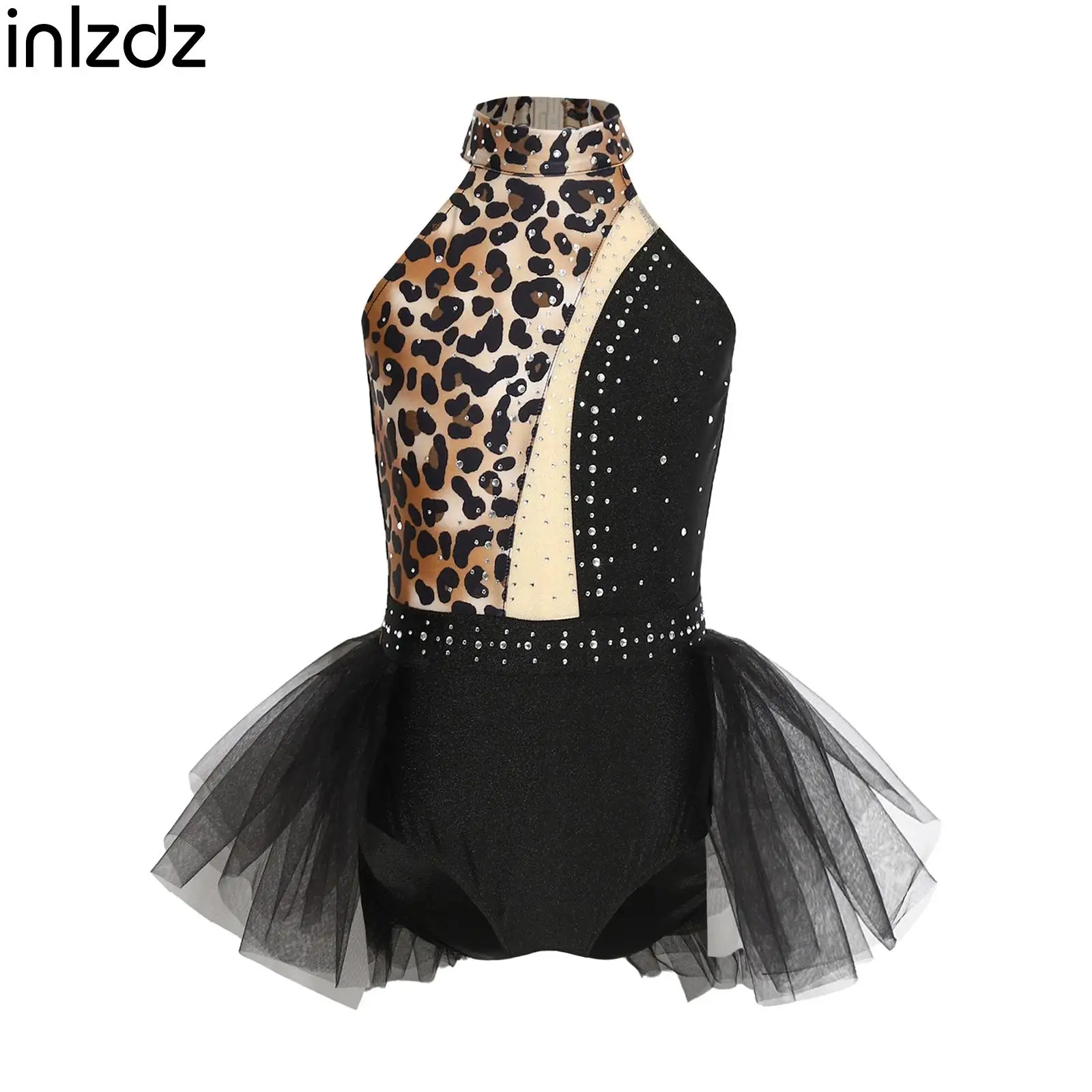 Kinder Mädchen Prähistorisches Höhlen-Stein-Halloween-Primitiv-Kostüm Leopardenmuster-Jumpsuit Strass-Netz-Overlay-Trikot