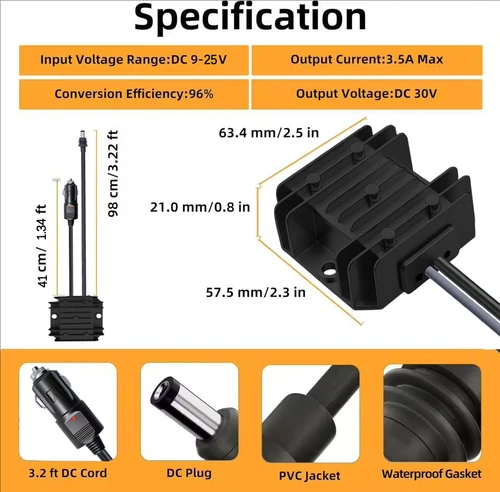Imagen 2 del producto Módulo elevador 12V a 30V 3.5A 105W fuente de alimentación 12V a 30V Booster DC entrada de encendedor de cigarrillos Starlink Mini cable de alimentación elevador