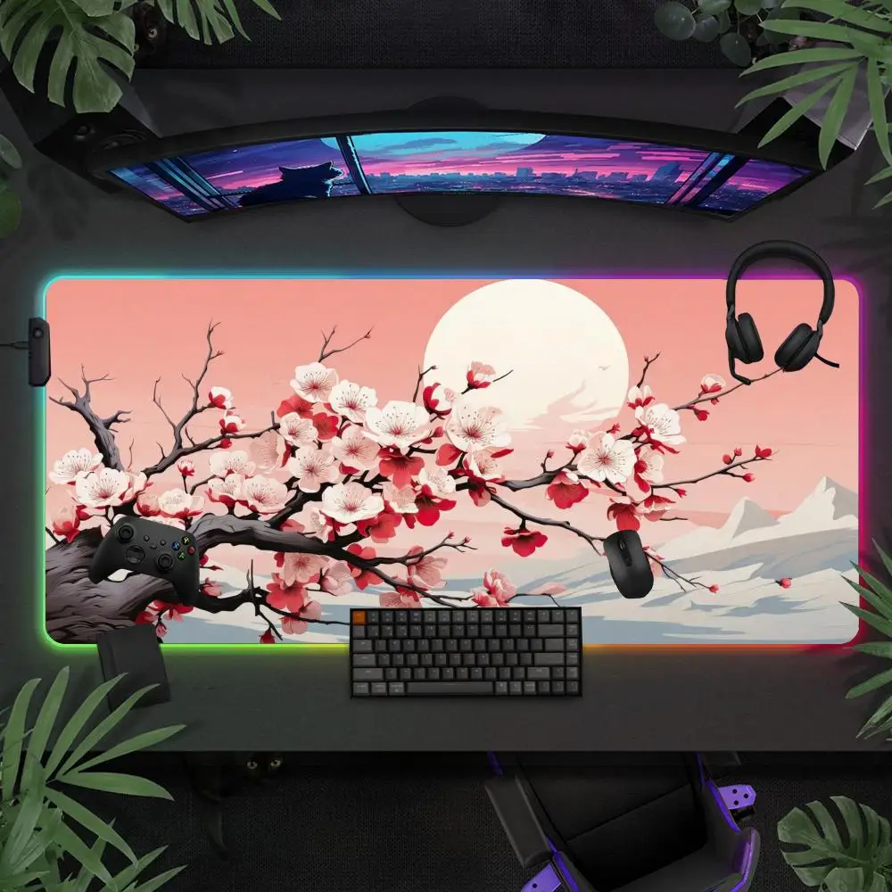 

Японский коврик для мыши Сакура, большие игровые коврики для мыши RGB, светодиодный светильник с заблокированными краями, игровые аксессуары, настольные коврики, коврик для клавиатуры XXL 90x40 см