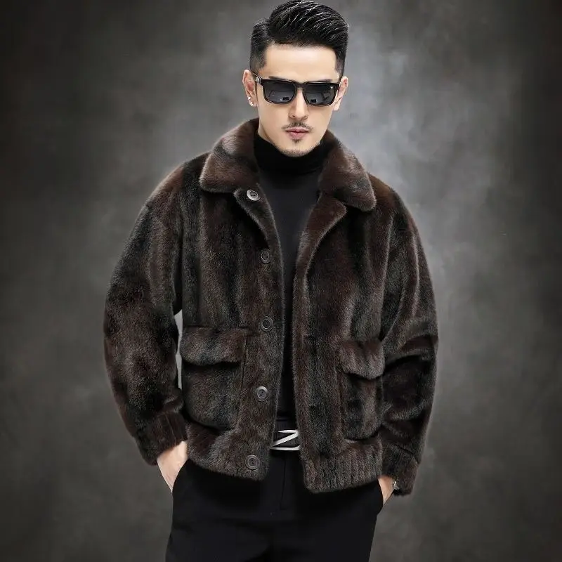 Winter New Men Mink Coat Male Double-Sided Wear Fashion Solid Color Short Fur Striped Outwear Thickened Warm Casual Outcoat