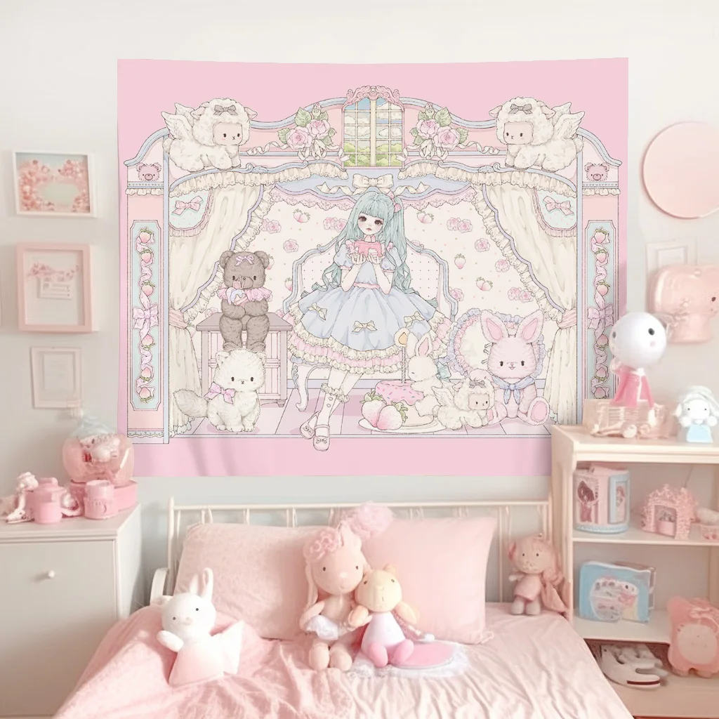 Kawaii Wohnkultur Wandbehang Tapisserie Anime Rosa Mädchen Tapisserie Wand Schlafzimmer Hintergrund Dekor Nette Mode Dame Wandteppiche