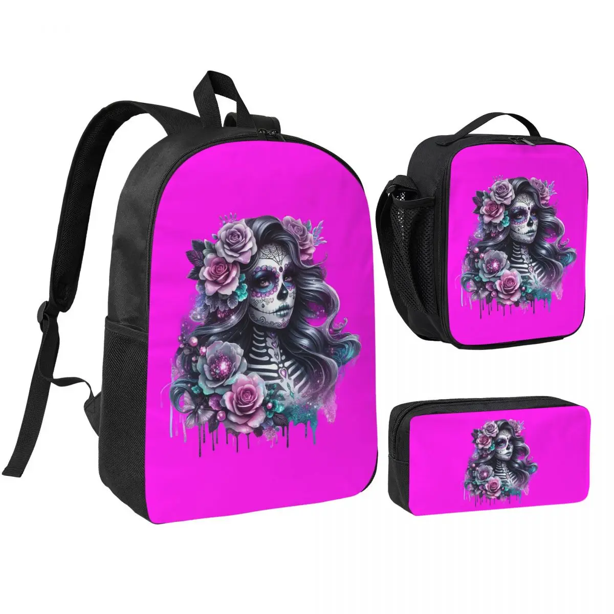 

Gothic Day Of The Dead Girl With Roses Skull Backpack BookBag School Bag Laptop Shoulder Bags 3ps Lunch Bag Pencil Case