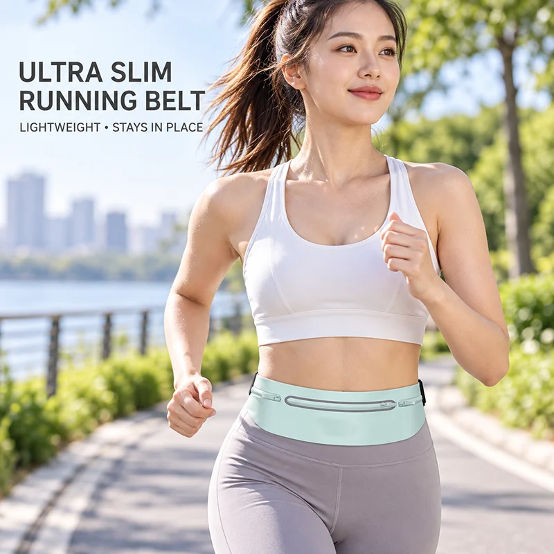 Ultra Slim Running Belt Bag 3 Pocket Reflective Water Resistant Waist Pack Adjustable Sports Phone Holder for Men Women