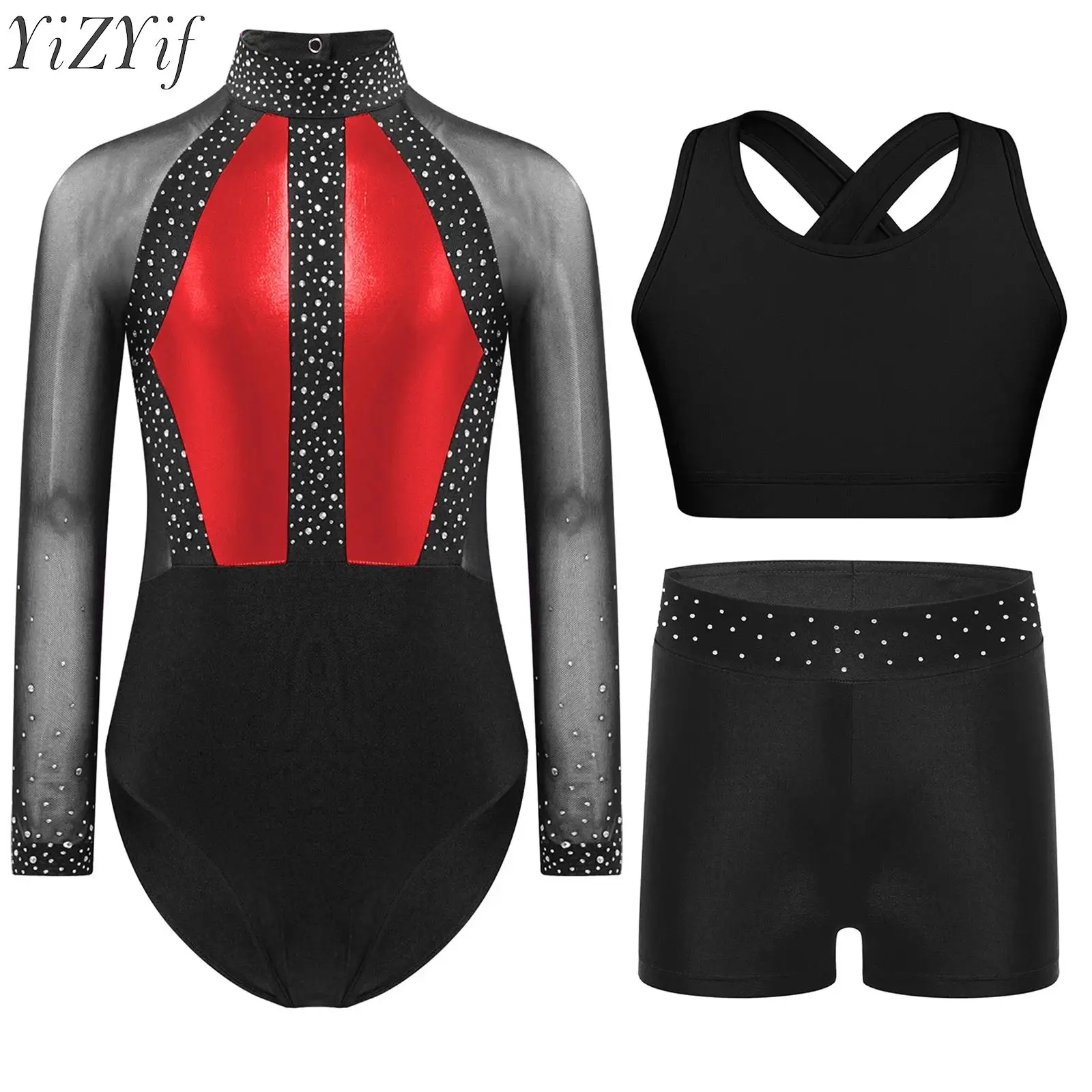 Kids Girls Ballet Gymnastics Dance Sets Sports Yoga Tracksuit Long Sleeves Rhinestones Leotard with Vest and Rhinestone Shorts