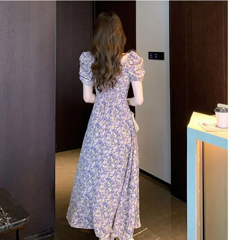 Abito Lungo Estivo da Donna Stile Socialite Xiaoxiangfeng con Spacco in Vita, Linea ad A, Scollo Quadrato Francese, Maniche a Palloncino e Motivo Floreale