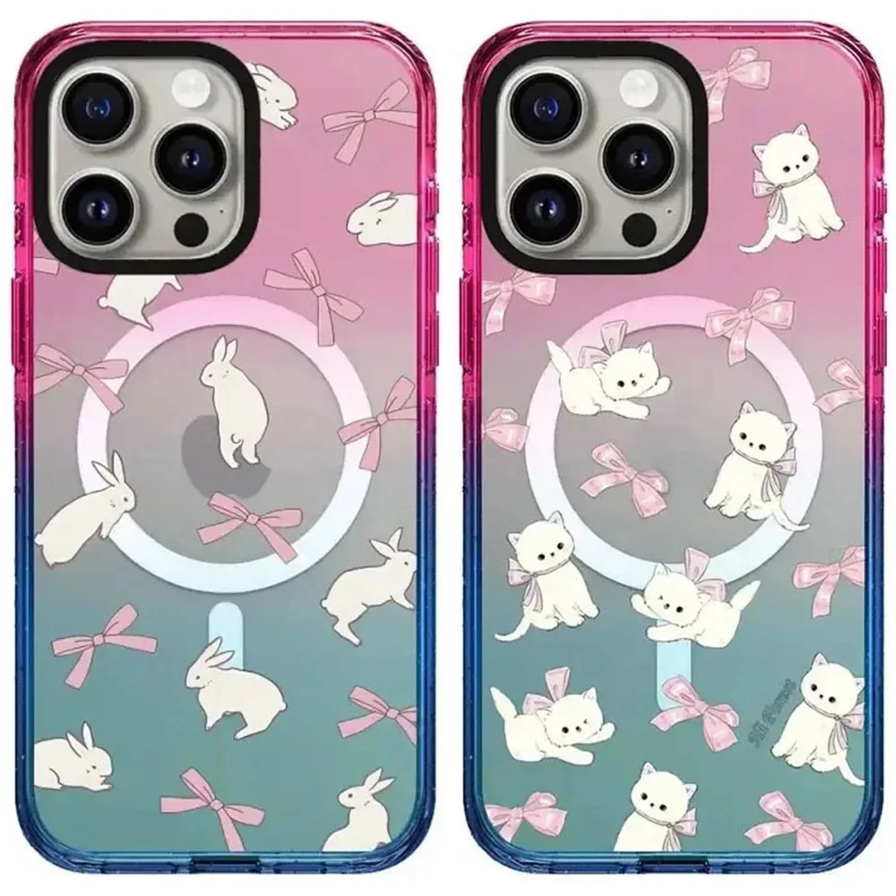 

White Cat Rabbit Bowknot Colorful Border 2.5 Acrylic Magnetic Phone Case Cover for iPhone 13 14 15 Pro Max Protective Case