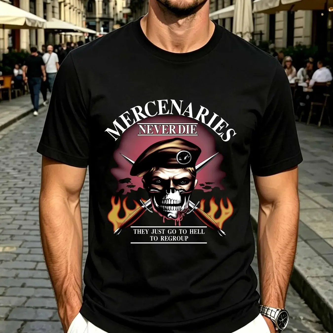 washed T Shirt Rare VTG JRS Mercenaries Never Die They Just Regroup 1988 80s Black SZ M long or short sleeves vintage Washed