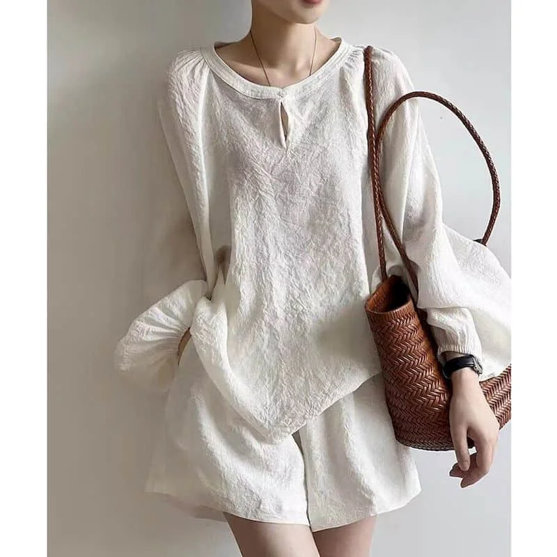 

Elegant Shorts Sets Summer O-neck Long Sleeve Shirts and Wide Leg Pants French Style Loose Casual Two Piece Sets Women Clothing