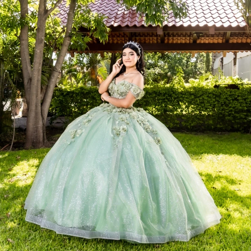 Mint Green Glitter Quinceanera Dresses Off Shoulder Ball Gown Sweet 16 Dress Applique Flower Beads Tull Party Birthday Vestidos
