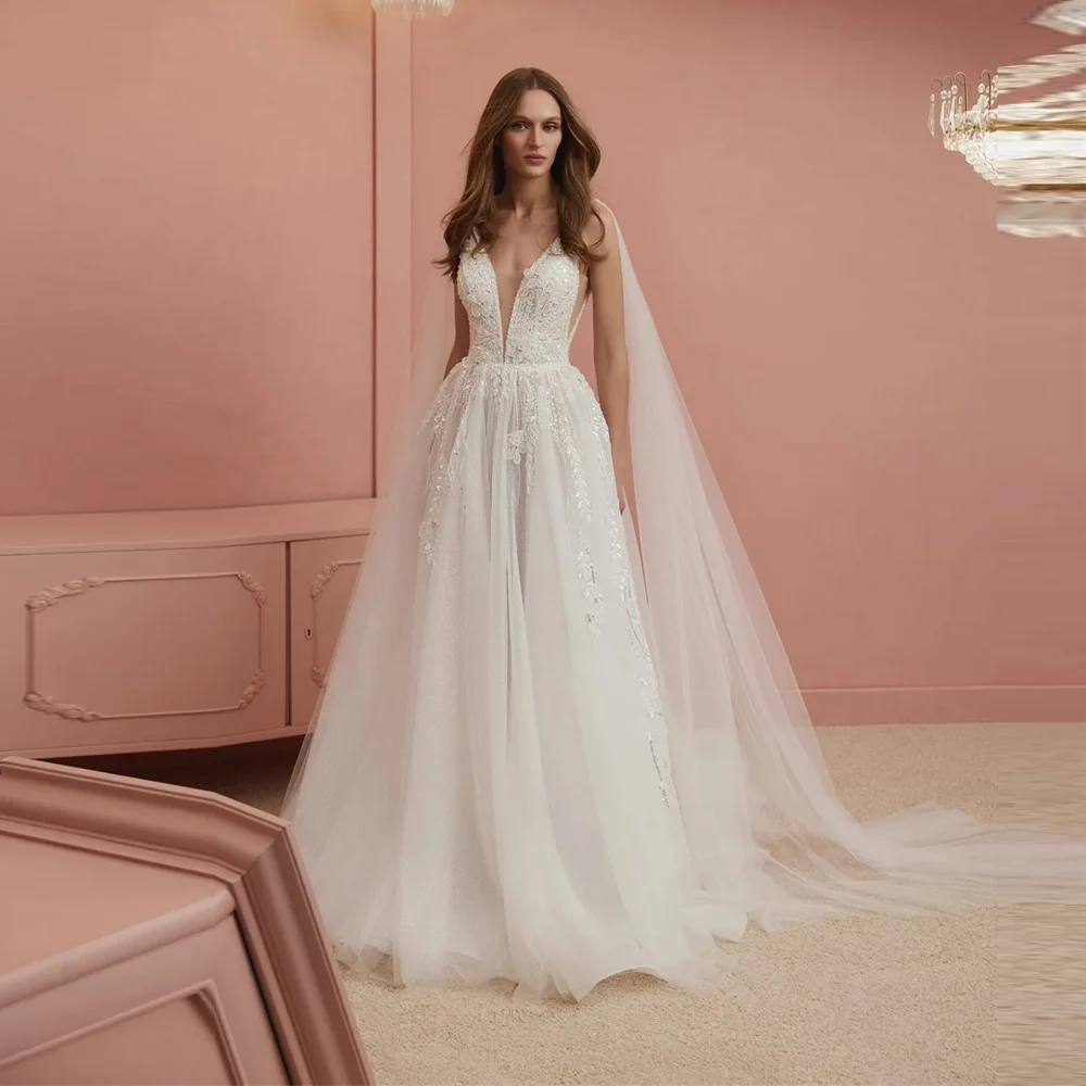 

Sexy V-Neck Sleeveless Women Wedding Dresses Elegant A-Line Bridal Gowns Mopping Length Banquet Vestido De Novia 2025 Customized