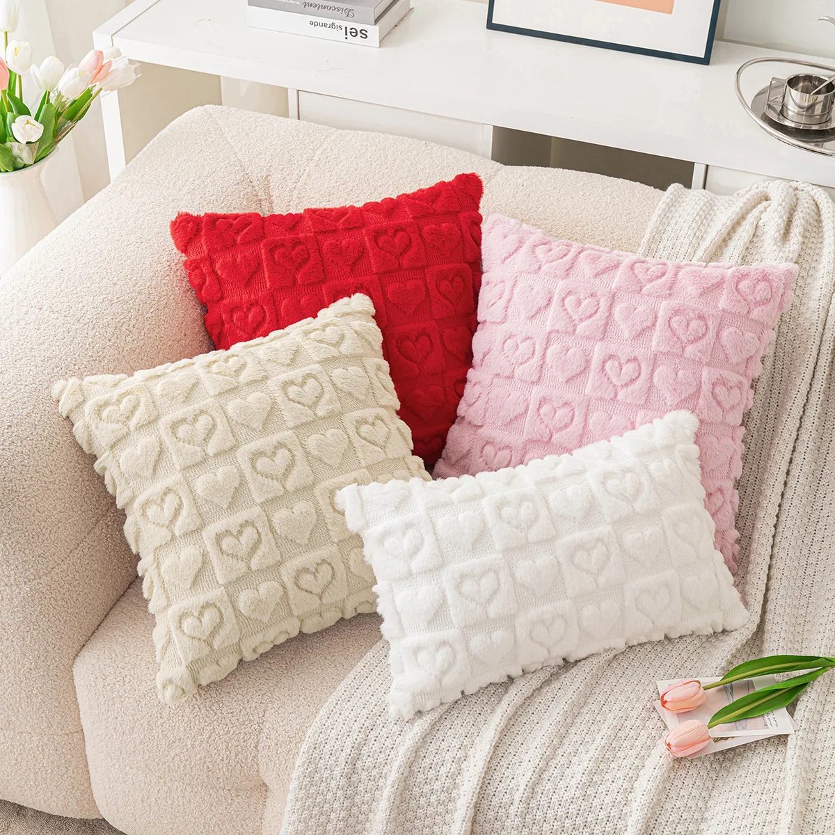 Valentine's Day Imitation Rabbit Fur Big Love Pillowcase Pink Three-dimensional Embroidered Solid Cushion Cover for Home Decor