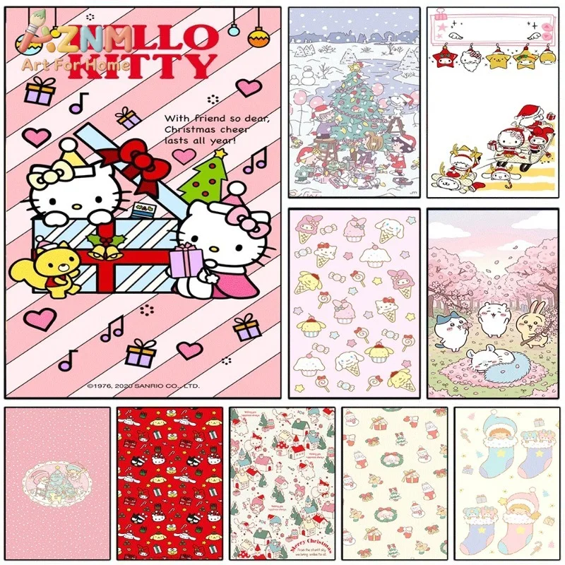 Hello Kitty Christmas Gift Box Pink Stripe Cute Cartoon Canvas Wall Art Unframed Canvas Poster Print for Kids Bedroom Nursery