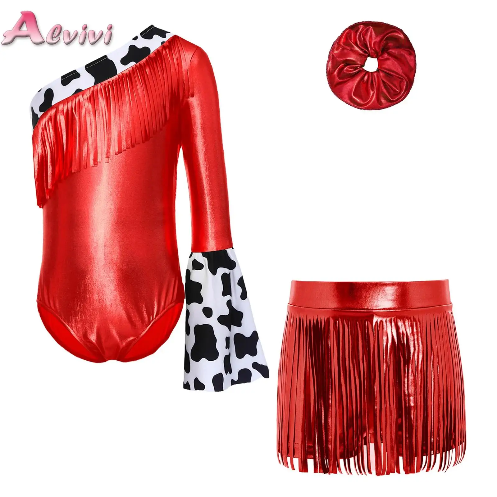 

Girls Western Cowgirl Dress Up Costume Long Flare Sleeve Fringed Metallic Leotard Jumpsuits Ballet Jazz Hip Hop Dancewear Set