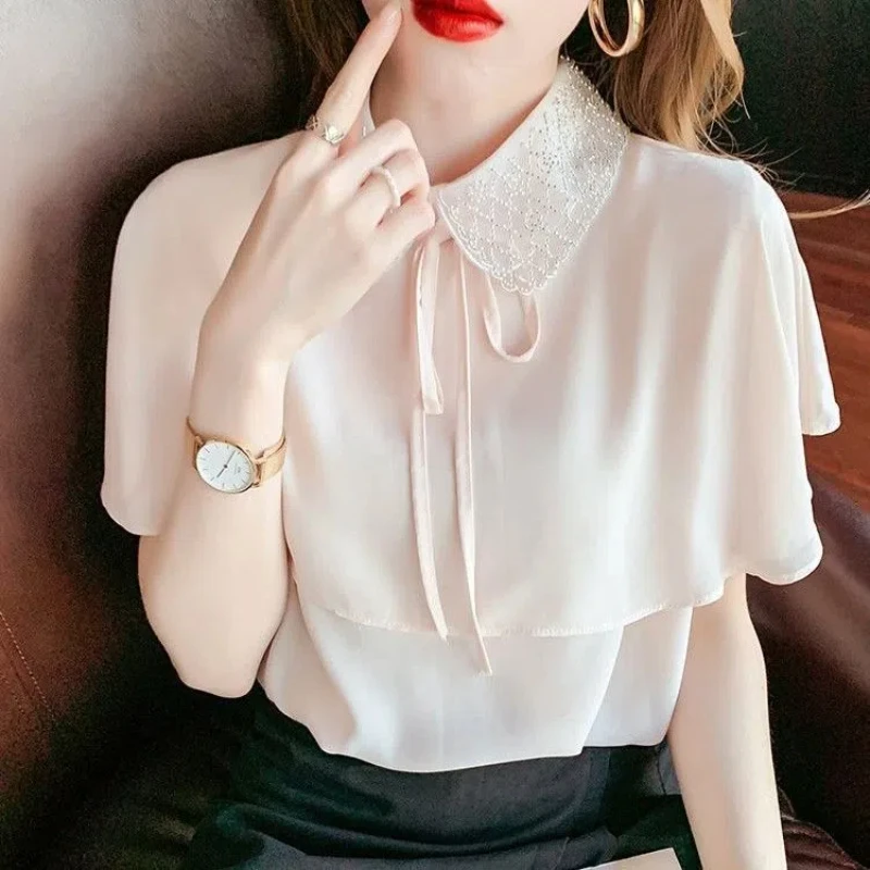 Temperament Lacing Solid Color Blouse Summer New Short Sleeve All-match Loose Office Shirt Tops Elegant Fashion Women Clothing