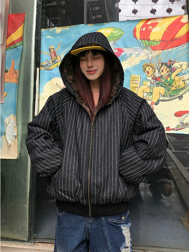 

American Retro Striped Loose Fit Cotton Jaet for Men Cleanfit High Street Lazy Couples Coat Leopard Print Mountain Eagle