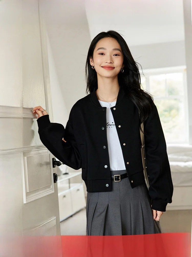 

Fashionable Black Baseball Jacket Women's Loose Short Stand Collar Spring New Style Top Casual Straight Tube Polyester Blend