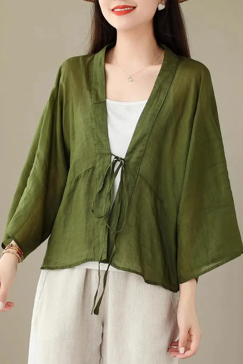 Summer Oversized Loose Bat Sleeves Ramie Cardigan Thin Short Coat Solid V-Neck Lace Up Sun Protection Clothing Women Tops Z1543