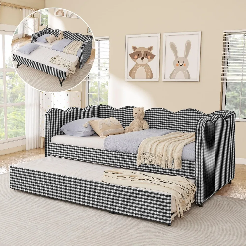 Twin Size Daybed with Pop Up Trundle, Linen Gingham Twin to King Daybed with USB Ports, Upholstered Day Bed Frame