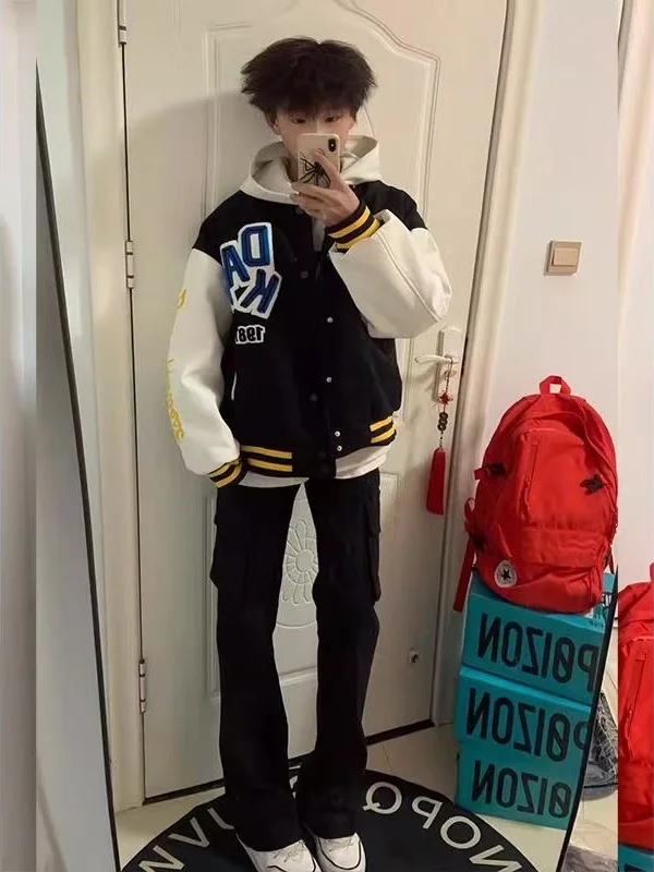 Jaet con letras bordadas Retro americanas, ropa de abrigo holgada de béisbol para hombre, moda Otoño Invierno, chaqueta fresca versátil