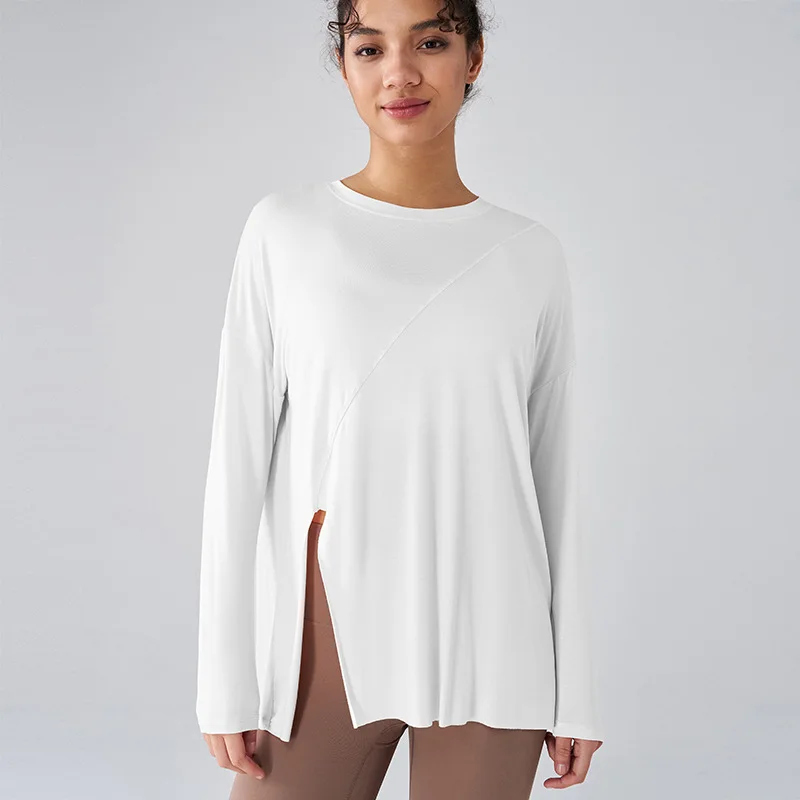 Side Slit Round Neck Loose Yoga Wear Long Sleeve T-shirt Women Gym Fitness Comfortable Quick Dry Skin-friendly Soft Top