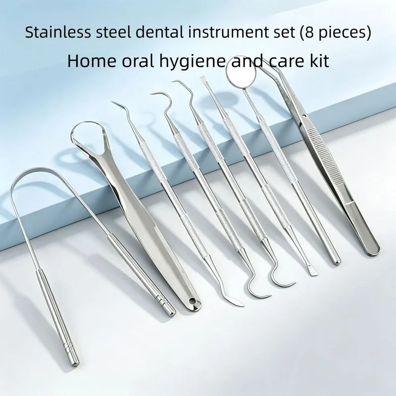 9Pcs Stainless Steel Dental Tools Kit, Home Tartar Remover, Oral Mirror, Probe, Tongue Scraper, Teeth Cleaning Oral Care Set
