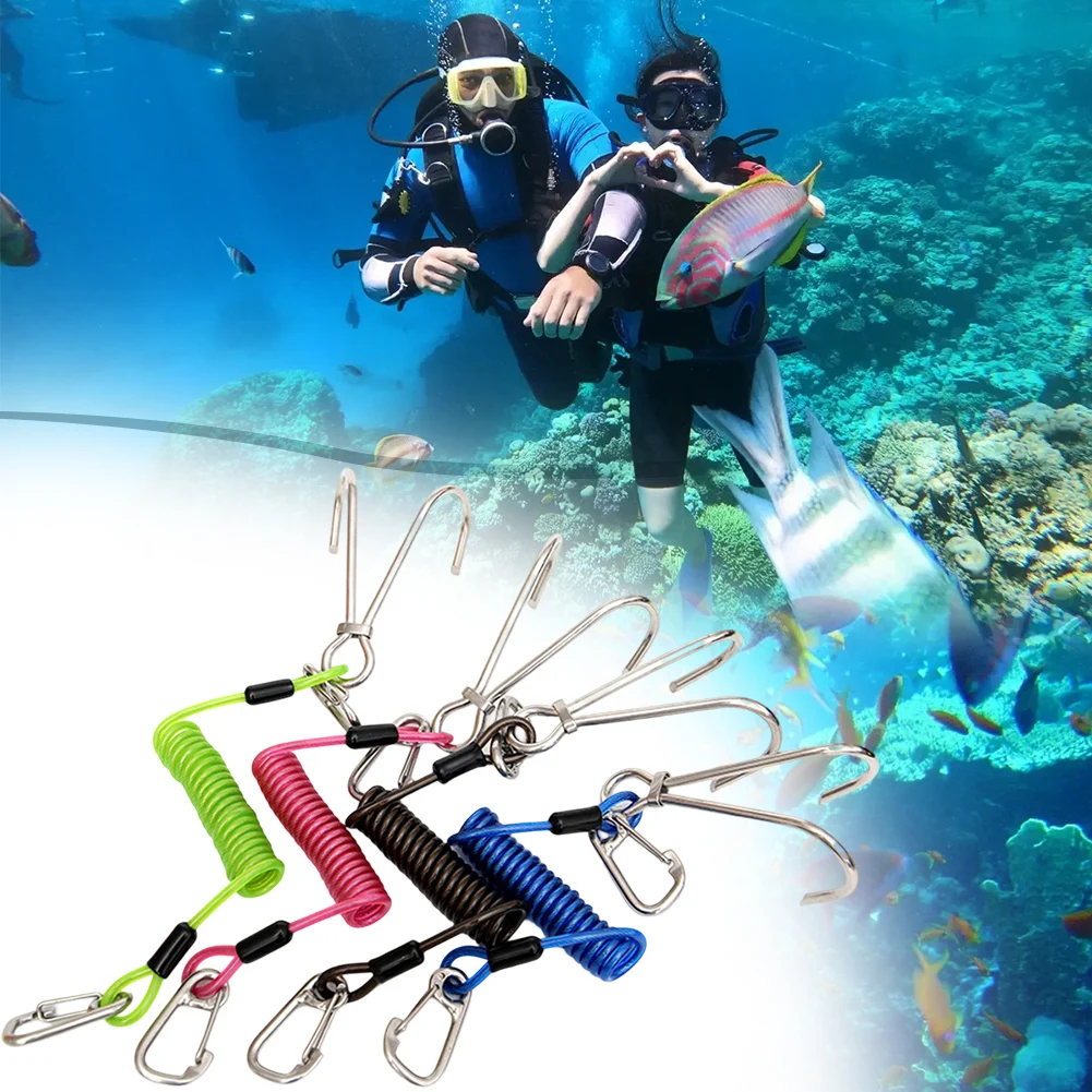 1x Scuba Diving Reef Hook Double Reef Hook Drift Hook Spiral Coil Lanyard สแตนเลสสําหรับ Current ดําน้ําใต้น้ํากีฬา