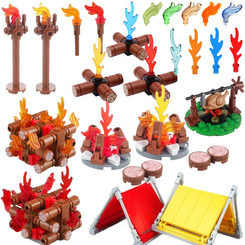 MOC Mittelalterliche Bausteine Kompatibel Flamme Feder Camping Holz Haufen Lagerfeuer Zelt Zubehör Modell Mini Ziegel Spielzeug Geschenke
