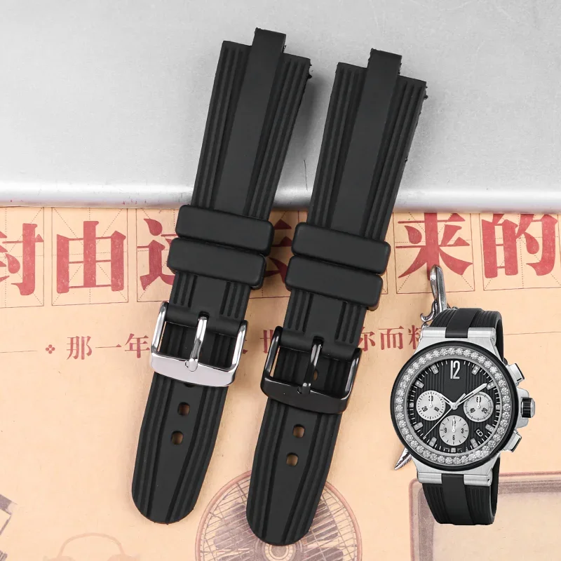 Waterproof Dust Free Silicone Rubber Watches Accessories for Bvlgari Diagono Special Convex Interface Black 22x7mm Watchbands