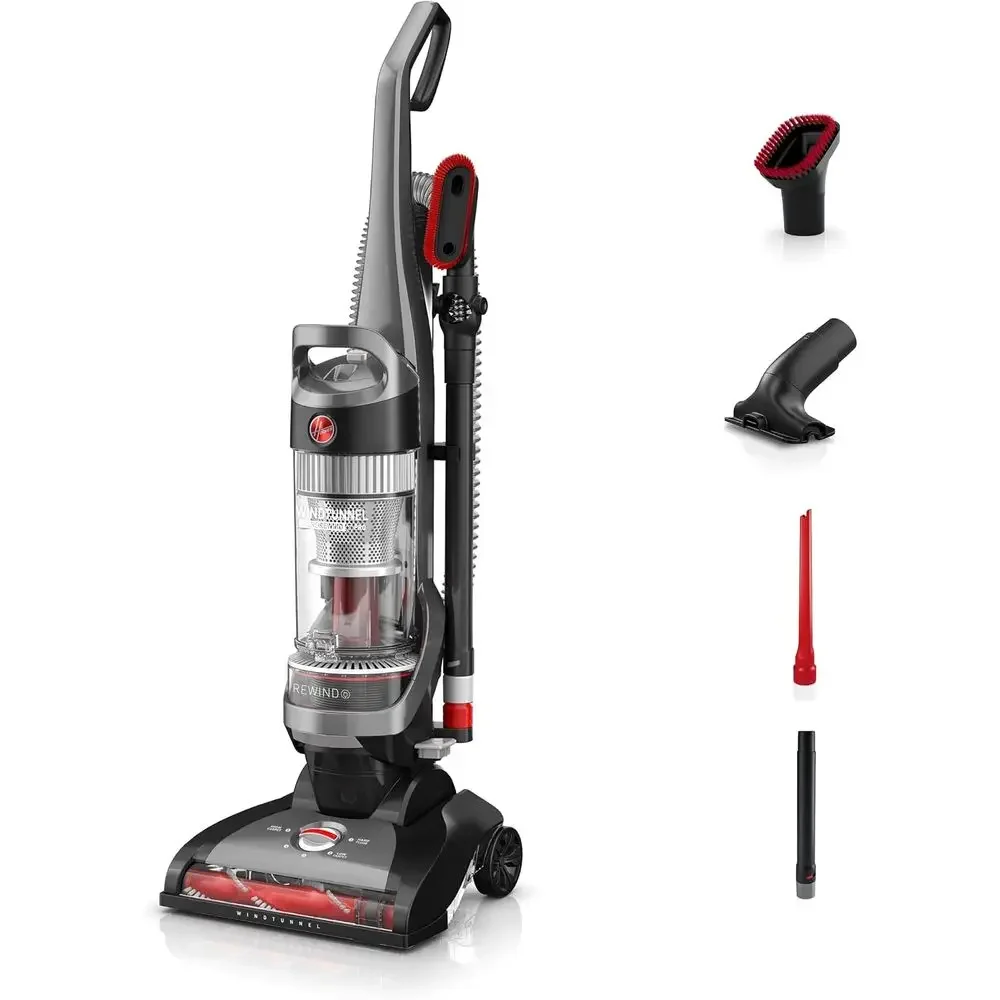 Upright Vacuum Cleaner with Auto-Rewind Cord, Multi-Cyclonic Filtration, and Adjustable Height for Carpets and Hard Floors