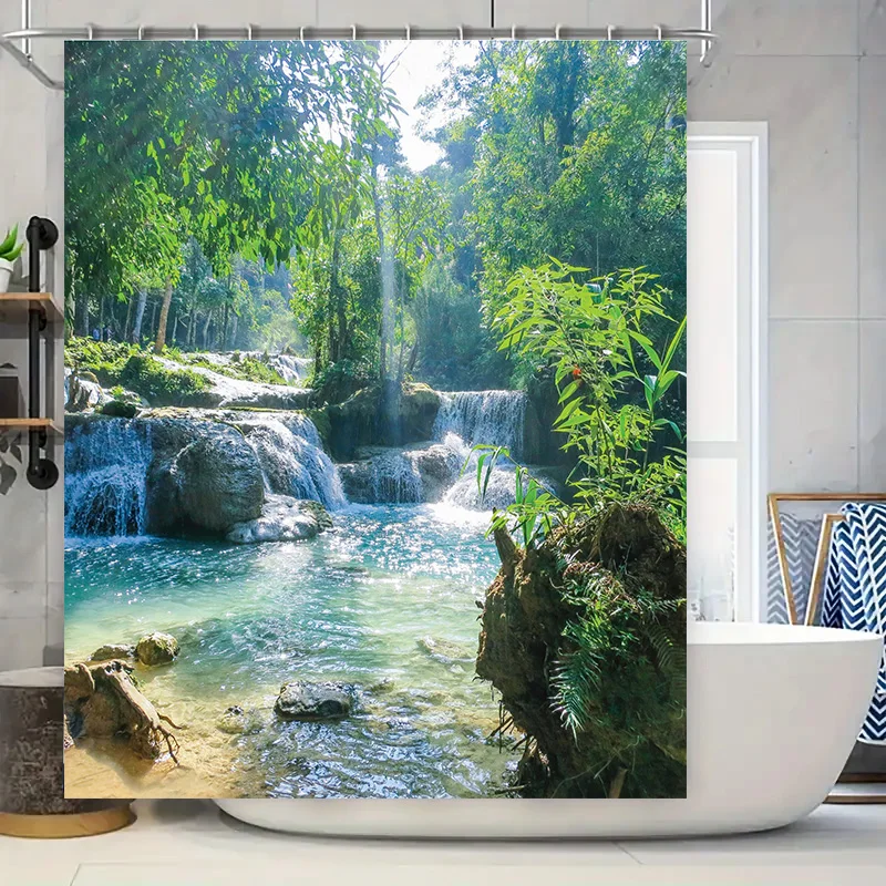 

Занавеска для душа с лесным водопадом, естественная сцена с принтом, водонепроницаемая ткань, красивый домашний декор, простая установка для ванны