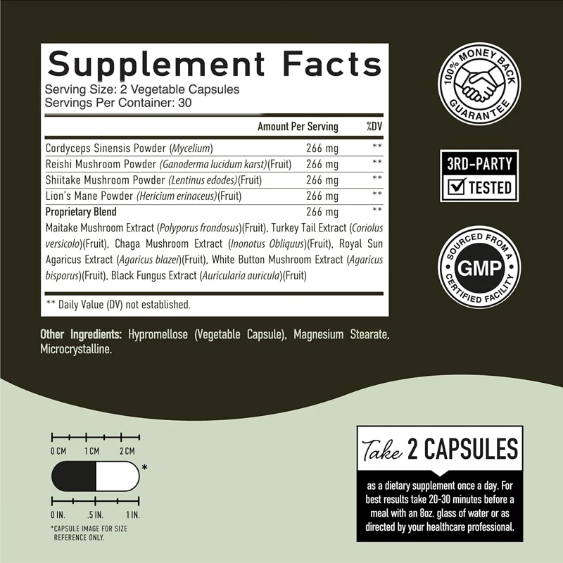 10 types of mushroom compound supplements mixed with lion mane, turkey tail, cordyceps and other extracts for immune support