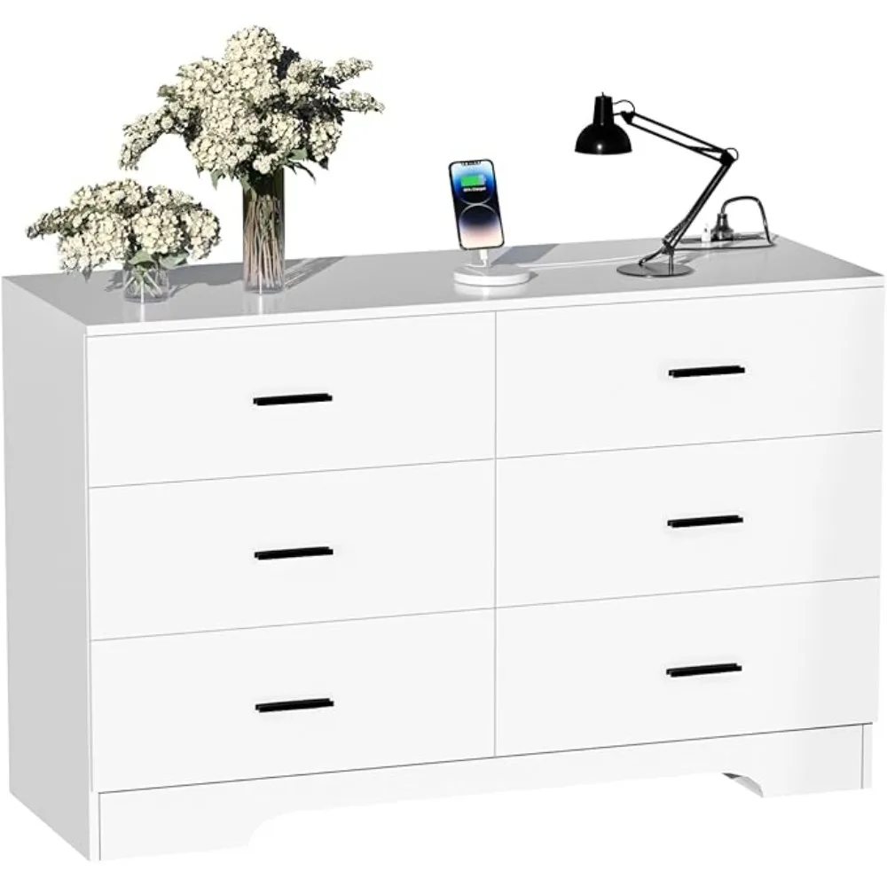 

Wooden 6 Drawer Dresser with USB and Type C Port Chest of Drawers for Bedroom Tall White Dresser Storage for Living Room