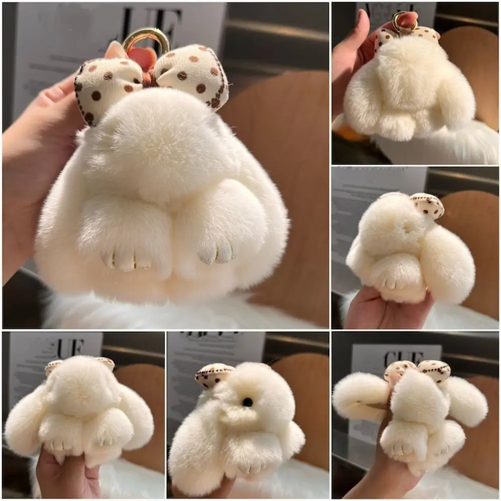 Fashion Hair Bow Rabbit Fur Keychain Cute Fluffy Bunny Keychain Alloy Ring Bag Charm Rabbit Key Ring Jewelry Gifts