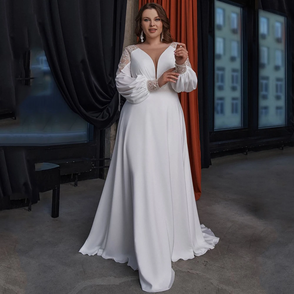 

Customized Weilinsha A-Line Plus Size V-Neck Wedding Dress With Long Sleeve Pleats Lace Jersey Bridal Dresses Court Train Custom