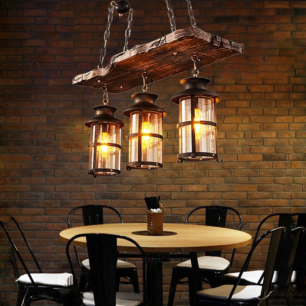 

3-Lights Pendant Lights, Industrial Woody Wrought Farmhouse Pendant Wooden Cylindrical Shade Chandelier Hanging Lamp 110V 40W
