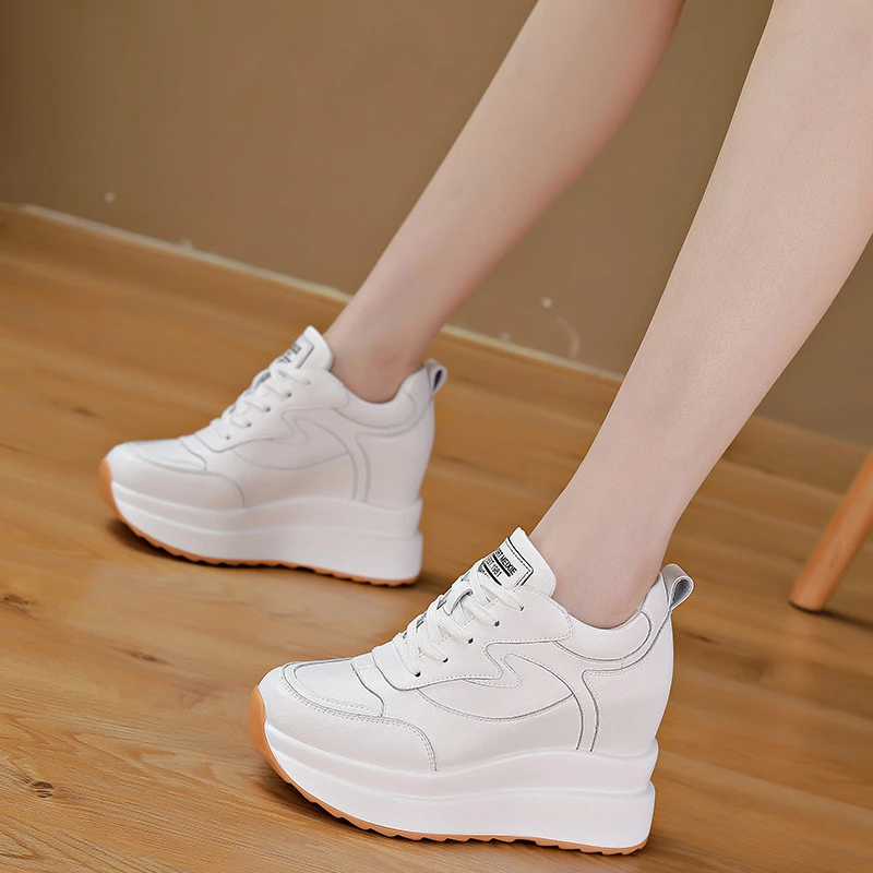 Picture 4: Womens White Hidden Wedge Sneakers Platform Casual Lace Up Low Top Shoes With Orange Sole For Daily Street Style Simple Fashion
