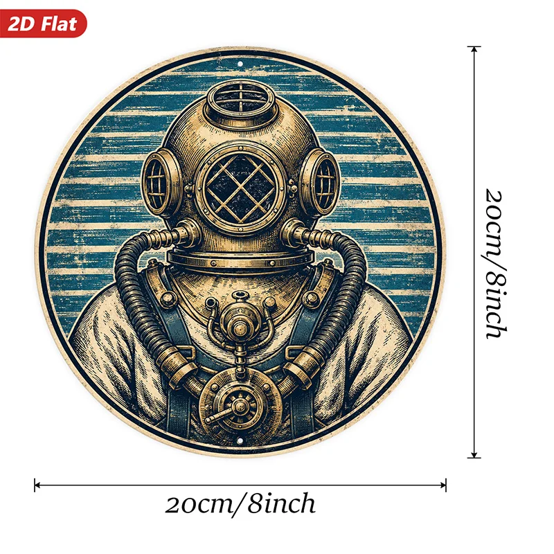 CIFBUY Vintage Diver Helmet Round Metal Sign Retro Nautical Steampunk Distressed Blue Stripes Waterproof Durable Aluminum Wall A