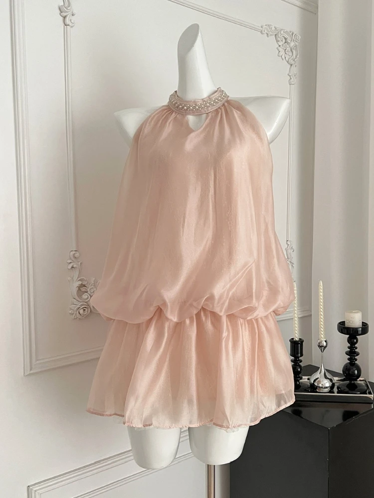 2025 rosa halter pescoço pérola adornado vestido faixas em camadas bainha de renda doce elegante feminino chique design vestido moda feminina nova