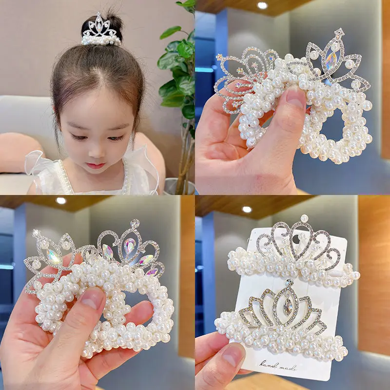 

New Crystal Children Headband Headdress Princess Pearl hairpin Crown Flower Girl Hair Tie Rubber Band Hairband Hair Accessories