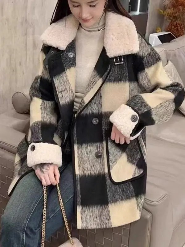 

Ladies' Thiened ort Woolen Coat Casual Plaid Design Spring 2026 New Sle Lamb Fur Jaet Warm Straight Cut Commute Wind