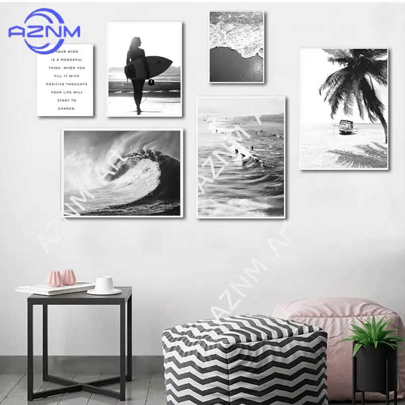 1/6pcs Black and White Sea Wave Nature Landscape Canvas Nordic Positive Live Poster Wall Art Print Painting Pictures for Room