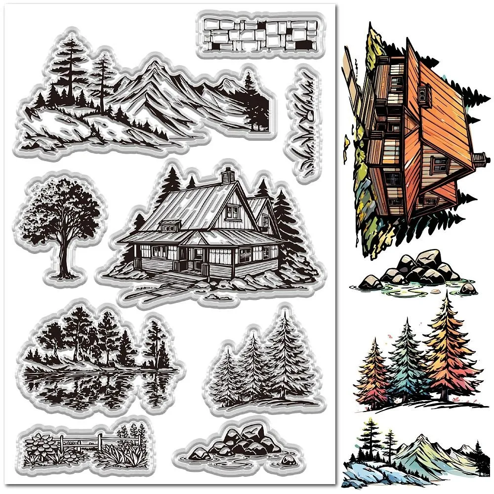 Clear Stamps for Journal Card Making Mountain Tree House Forest Pattern Rubber Reusable Embossing Photo Craft Decor Supplies