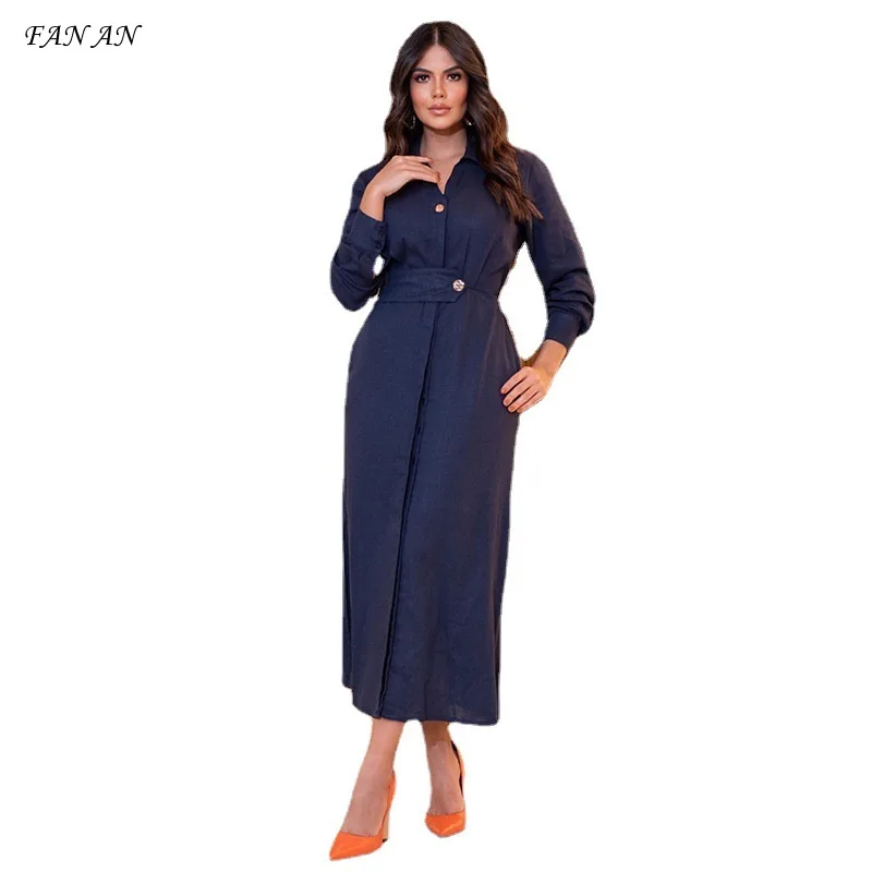 

New Women's 2024 Autumn Solid Color Temperament Lapel Long Sleeve Waist Slit Long Dress Fashion Commuter Elegant Senior Dress