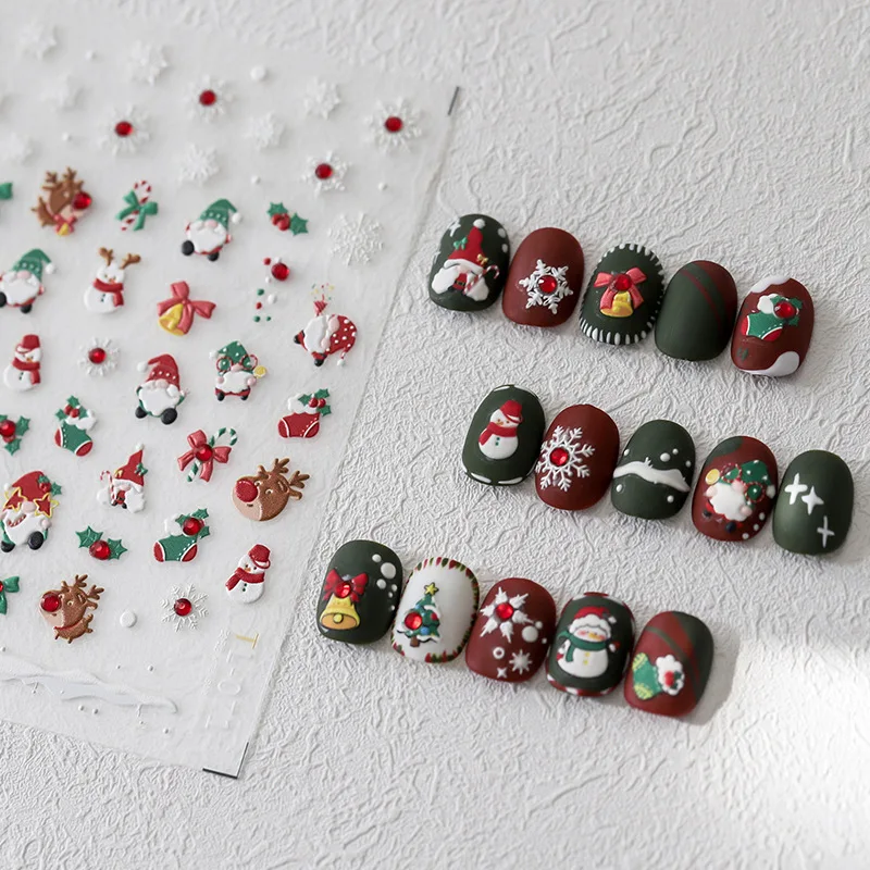 하이 퀄리티 크리스마스 시리즈 엠보싱 네일 아트 스티커, 5D 입체 네일 스티커, 크리스마스 눈사람 네일 스티커, 1 개