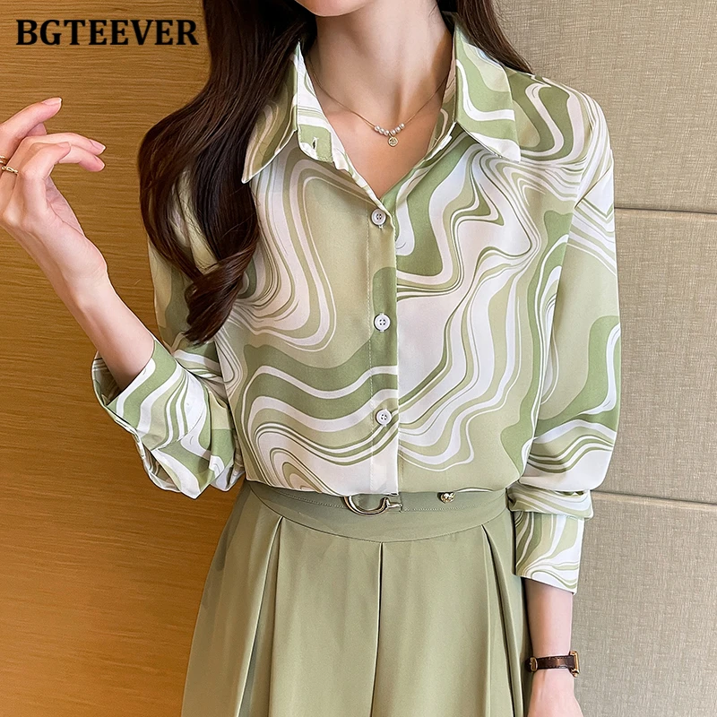 

BGTEEVER Autumn Winter Fashion Loose Single-breasted Female Striped Blouses Elegant Full Sleeve Lapel Women Chiffon Shirts Tops