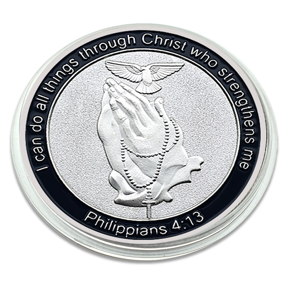 

Sincere Prayer Silver Plated Challenge Coin with Plastic Case Christian Medal Lucky Coin Peace Badge Art Ornament