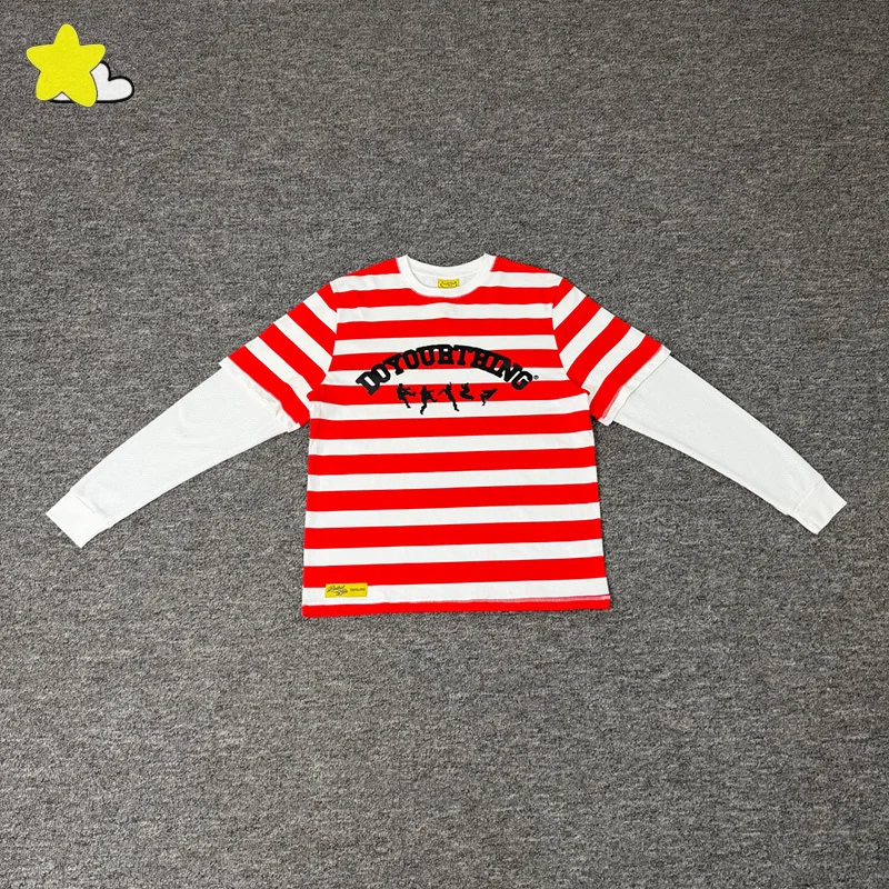 Camiseta de manga larga con diseño de rayas rojas y blancas, de algodón de alta calidad, corte holgado, con efecto de dos piezas, para hombre, mujer y público en general.